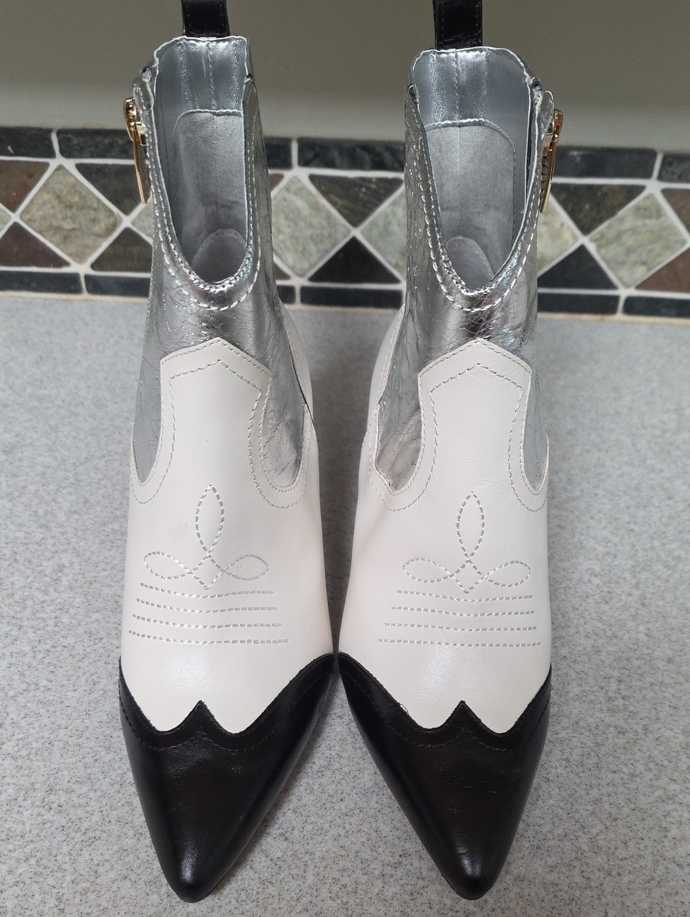 Vince Camuto Silver, White & Black Pointed Western Ankle Boots
